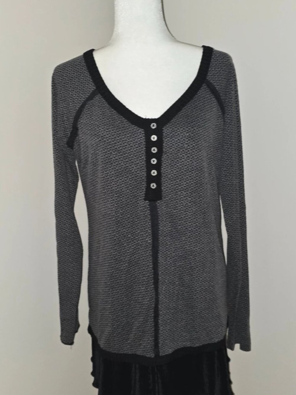 Black gray v neck long sleeve thermal Henley top